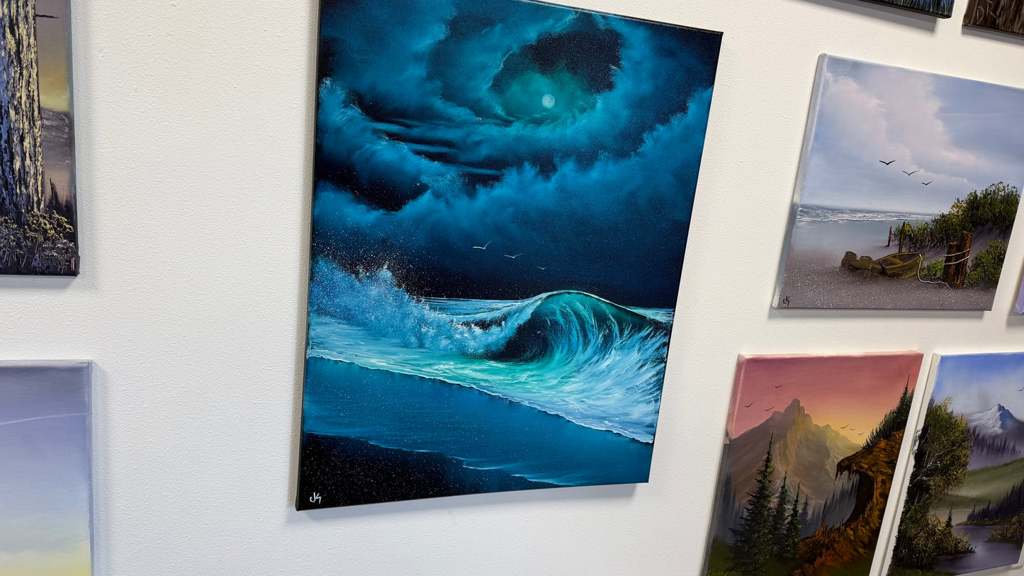 Painting #2570 - 22x28" Canvas - Cloud Stairway Crashing Wave Seascape painted on 8-28-26