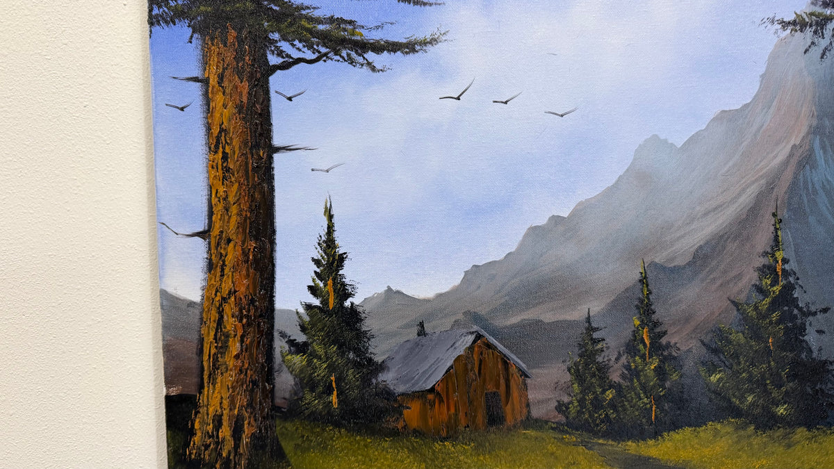 Painting #2652 - 18x24" Canvas - Mountain Cabin Landscape painted 10-17-26