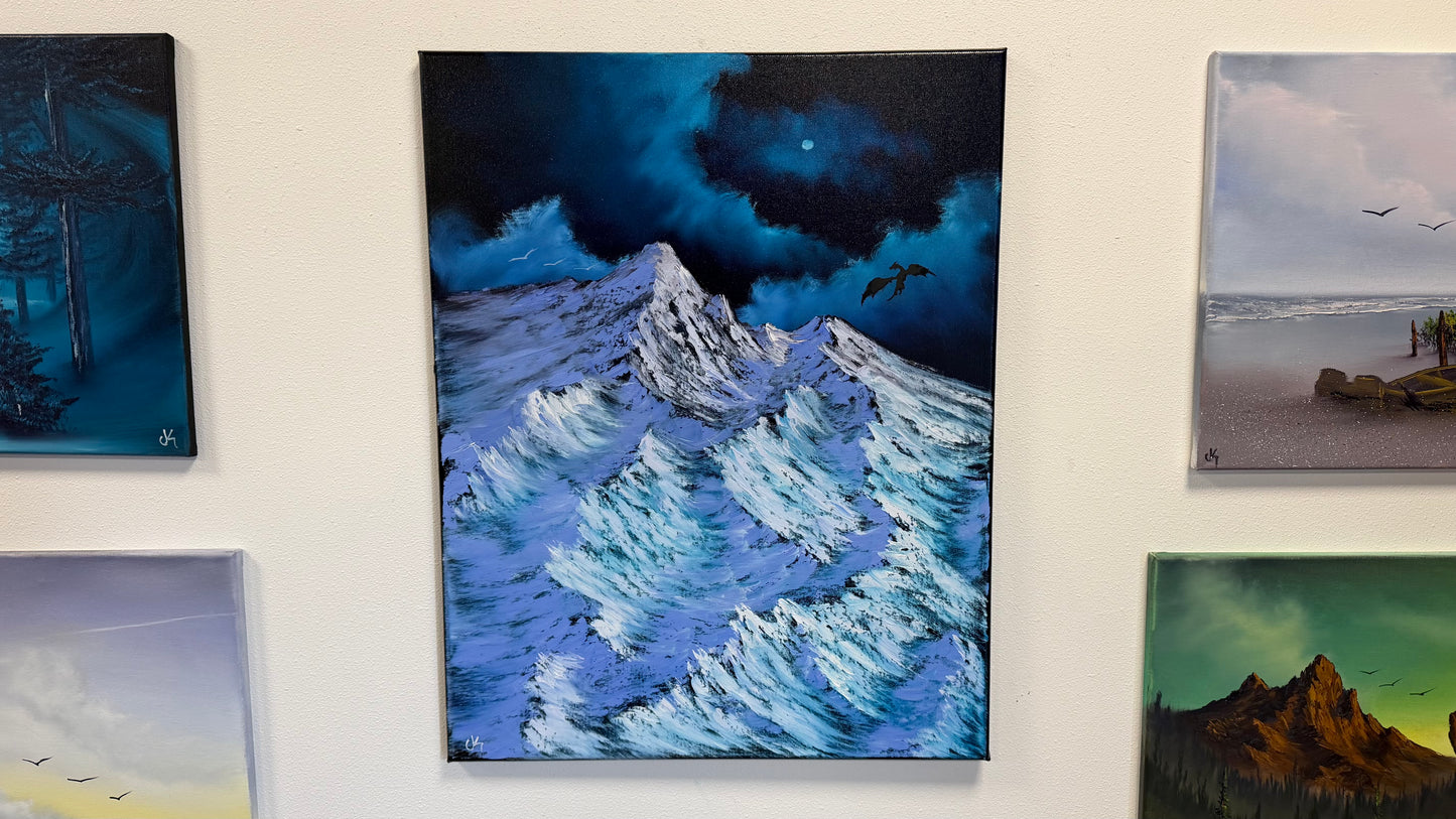 Painting #2578 - 22x28" Canvas - Dramatic Mountain Landscape with Dragon silhouette painted 9-3-26