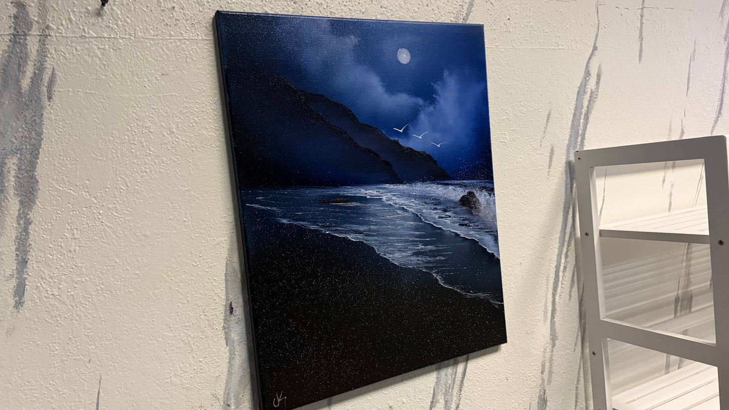 Painting #2102 - 16x20" Canvas - Night Coast Seascape painted 10-13-25
