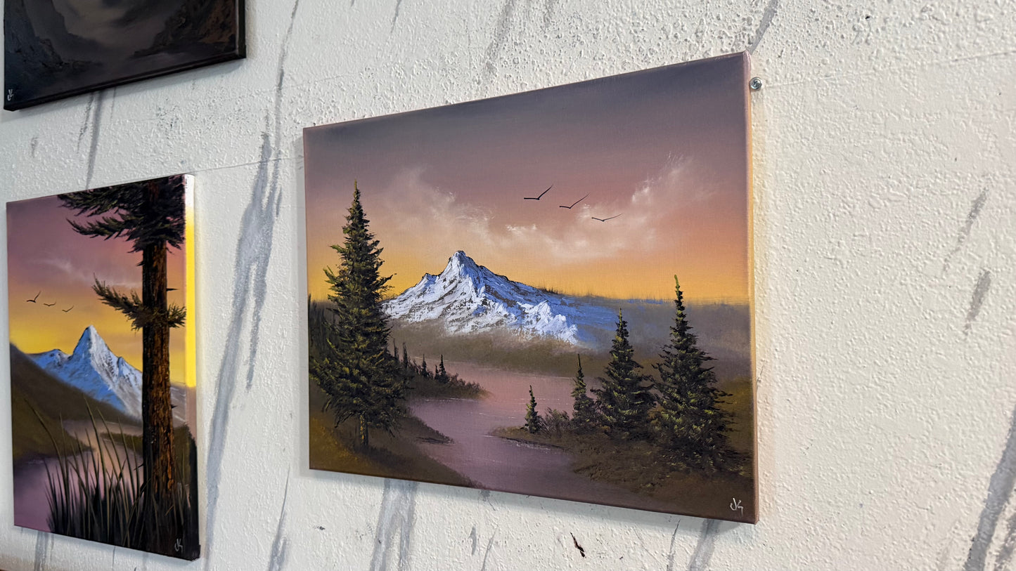 Painting #2389 - 16x20" Canvas - Sunset Mountain River Landscape painted 4-14-26