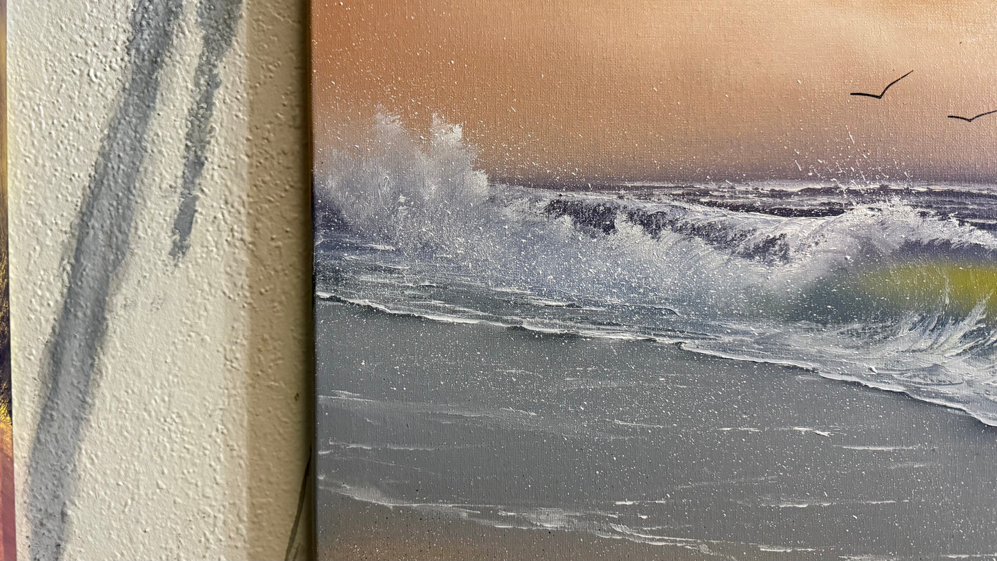 Painting #2291 - 20x24" Canvas - Sunset Seascape Crashing Wave painted 2-16-26