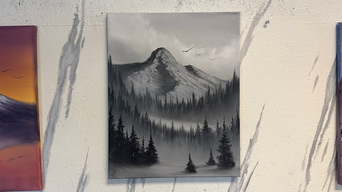 Painting #2236 - 16x20" Canvas - Black and White Mt Hood Landscape painted 1-15-26