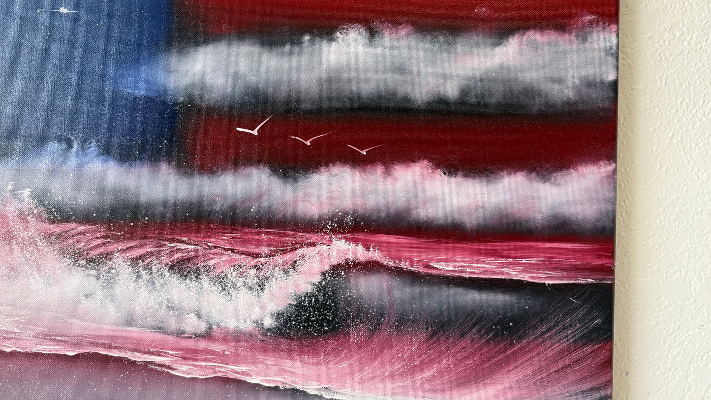 Painting #2121 - 18x24" Canvas - American Flag Seascape painted 10-26-25