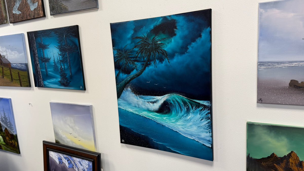 Painting #2570 - 22x28" Canvas - Cloud Stairway Crashing Wave Palm Tree Seascape painted on 8-28-26
