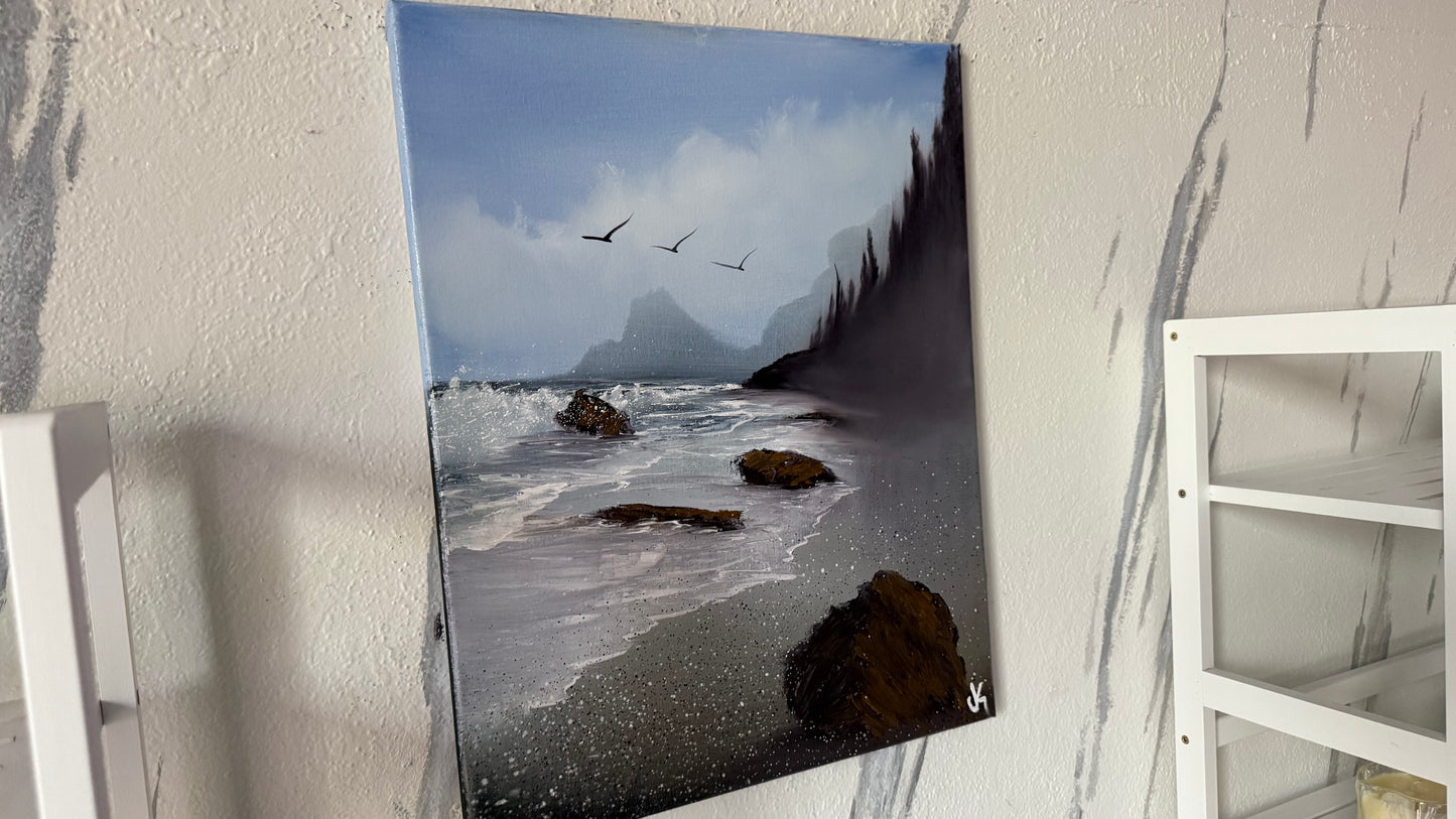 Painting #2062 - 16x20" Canvas - In The Mist - Oregon Coast Seascape painted 9-18-25