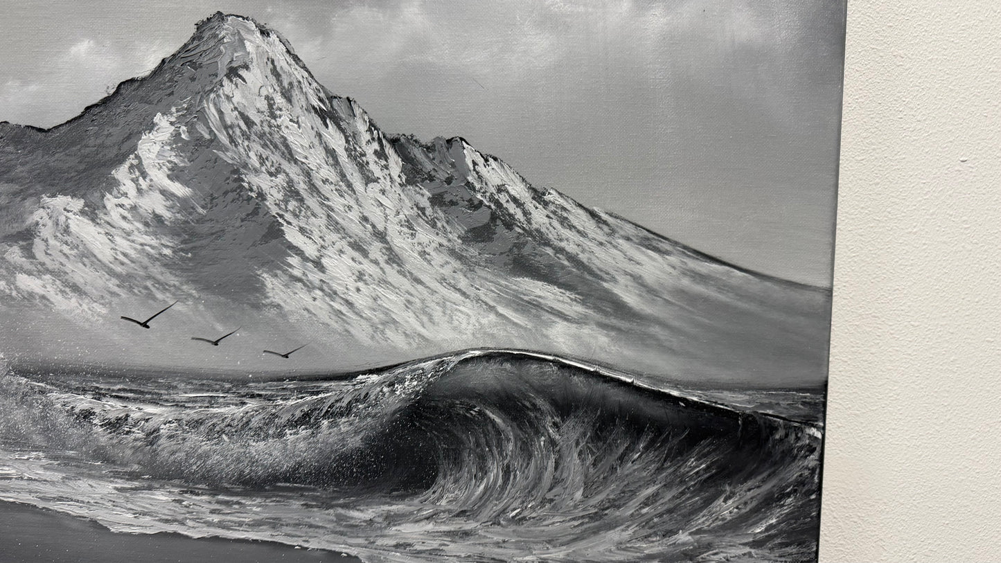 Painting #2536 - 20x24" Canvas - Black and White Mountain Seascape painted 7-31-26