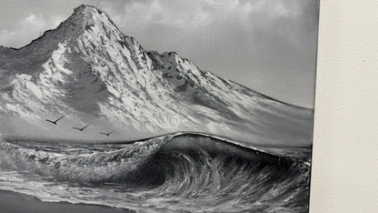 Painting #2536 - 20x24" Canvas - Black and White Mountain Seascape painted 7-31-26