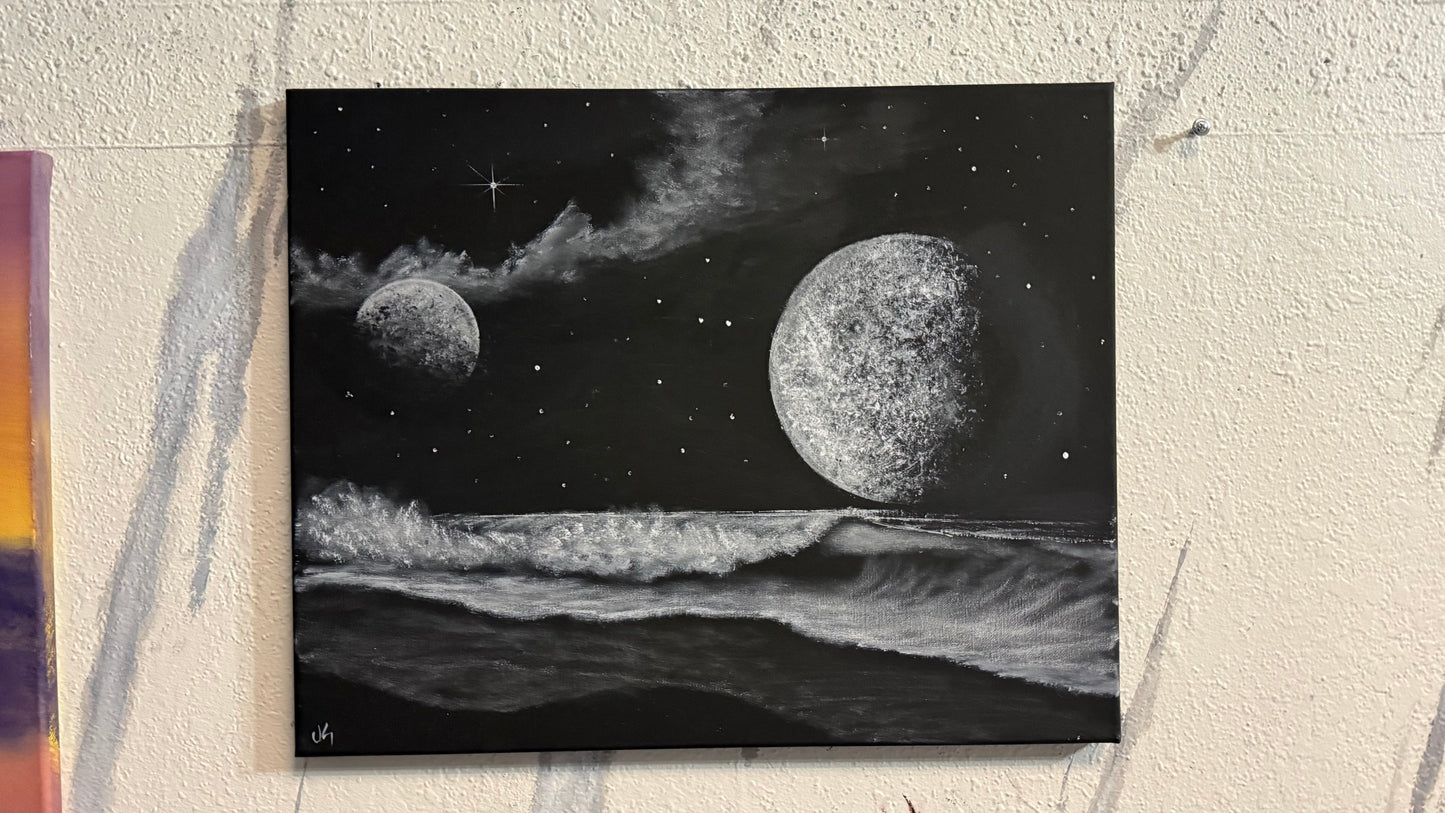 Painting #2248 - 16x20" Canvas - Black and White Galactic Seascape painted 1-20-26