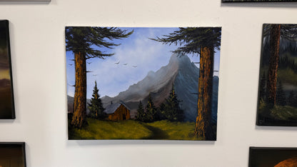 Painting #2652 - 18x24" Canvas - Mountain Cabin Landscape painted 10-17-26