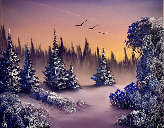 Painting #2293 - 16x20" Canvas - Sunset Forest painted 2-19-26