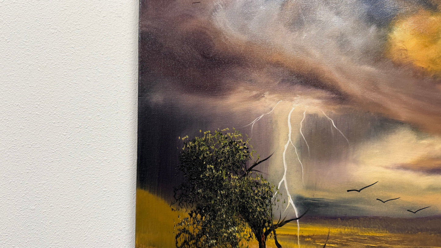 Painting #2589 - 16x20" Framed Canvas - Lightning Thunderstorm Landscape painted 9-7-26