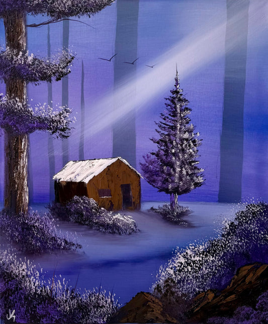 Painting #2108 - 20x24" Canvas - Cabin in the Woods painted 10-18-25
