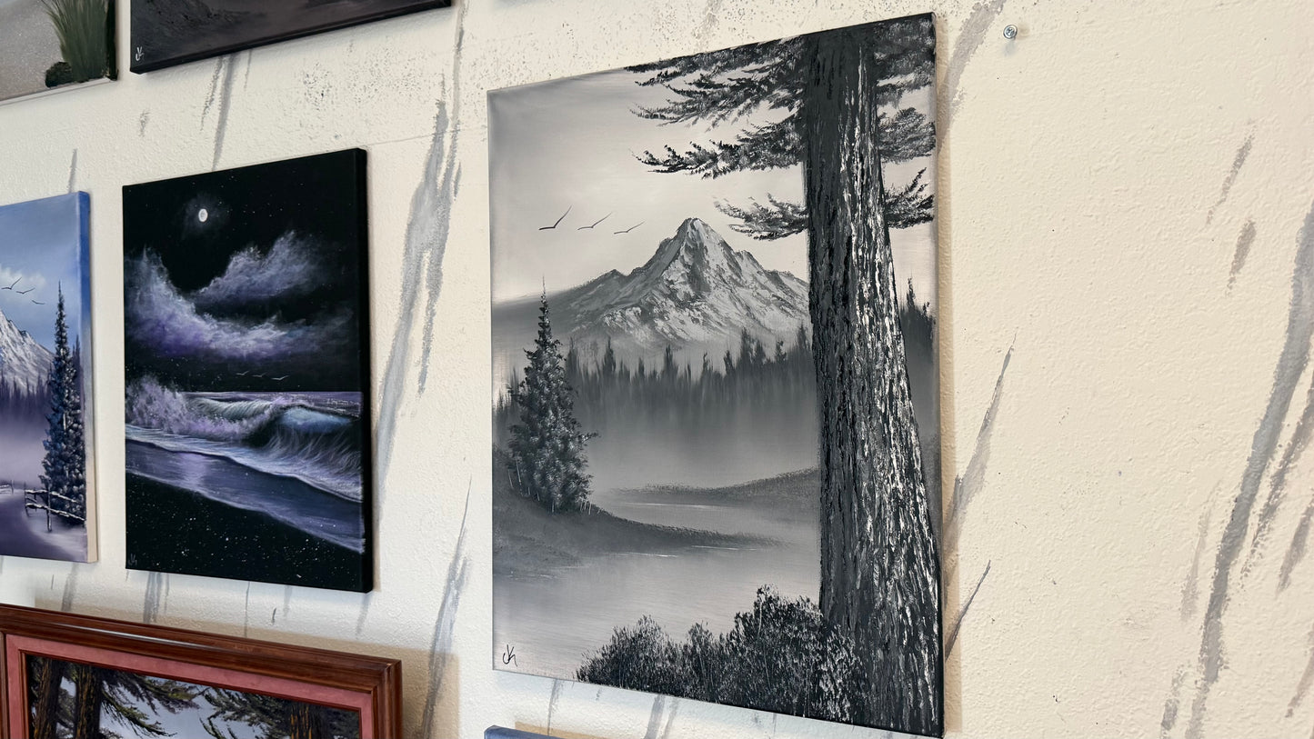 Painting #2316 - 18x24" Canvas - Black and White Winter Landscape painted 3-5-26