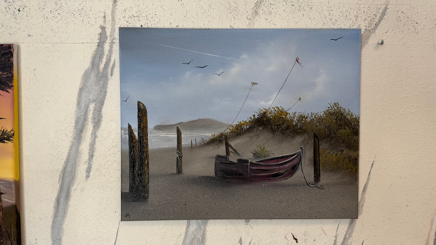 Painting #2421 - 16x20" Canvas - Kite Flying Seascape with Old Row Boat painted 5-1-26