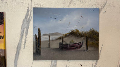 Painting #2421 - 16x20" Canvas - Kite Flying Seascape with Old Row Boat painted 5-1-26