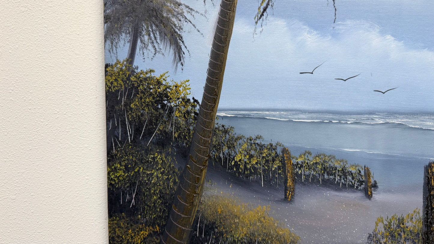 Painting #2564 - 16x20" Canvas - Tropical Palm Tree Seascape painted 8-22-26