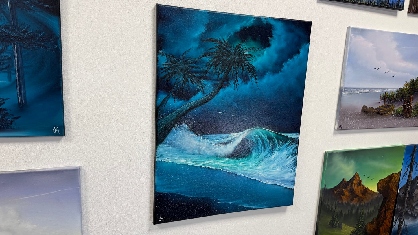 Painting #2570 - 22x28" Canvas - Cloud Stairway Crashing Wave Palm Tree Seascape painted on 8-28-26