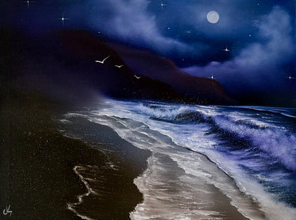 Painting #2091 - 18x24" Canvas - Oregon Coast Night Seascape painted 10-9-25