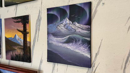 Painting #2403 - 16x20" Canvas - Aurora Mountain Seascape painted 4-21-26