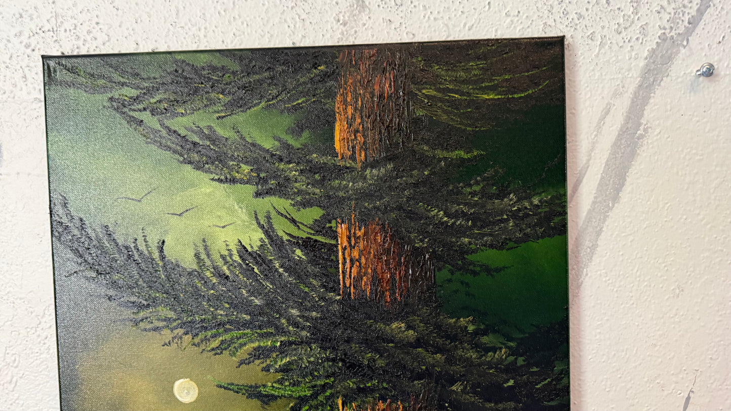 Painting #2471 - 16x20" Canvas - Full Moon Pine Tree Landscape painted 5-31-26