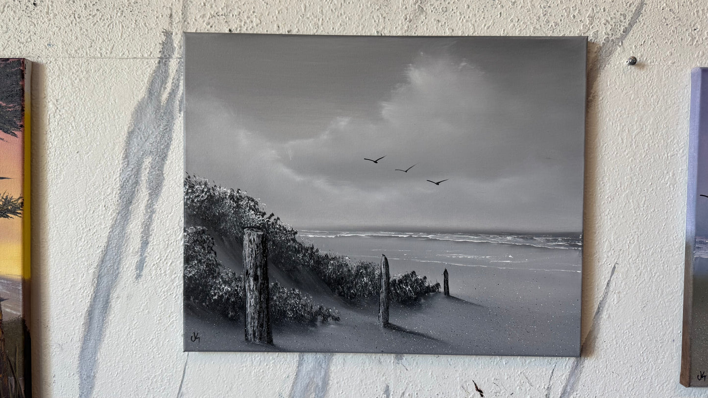 Painting #2450 - 16x20" Canvas - East Coast Black and White Seascape painted 5-21-26