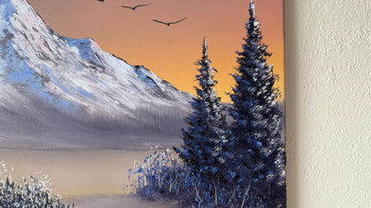 Painting #2145 - 16x20" Canvas - Christmas Tree Mountain Landscape with Fairy Lights painted 11-14-25