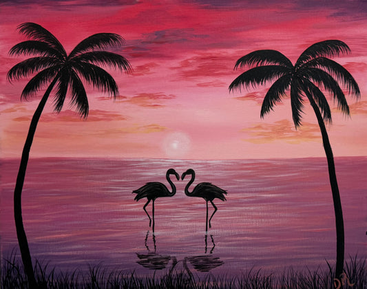 Painting # by Dani from Happily Painted - 16x20" Canvas - Palm Flamingo Seascape