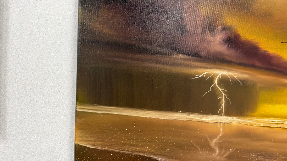 Painting #2597 - 22x28" Black Canvas - Dramatic Sunset Seascape painted 9-12-26