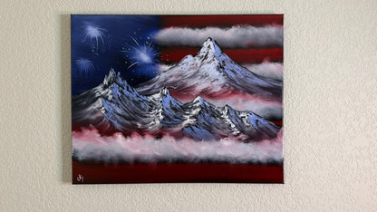Painting #2503 - 16x20" Canvas - American Flag Landscape painted by Josh and Dani on 7-4-26