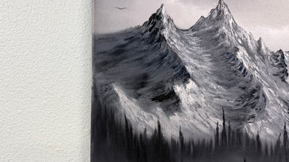 Painting #2563 - 16x20" Canvas - Black and White Mountain Landscape painted 8-23-26