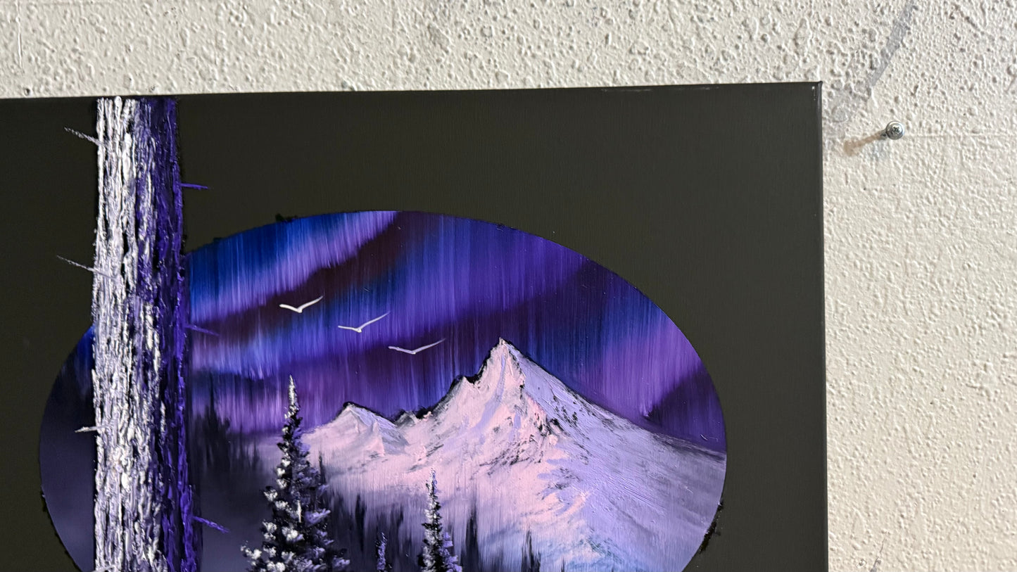 Painting #2353 - 16x20" Canvas - Oval Northern Lights Mountain painted 3-23-26