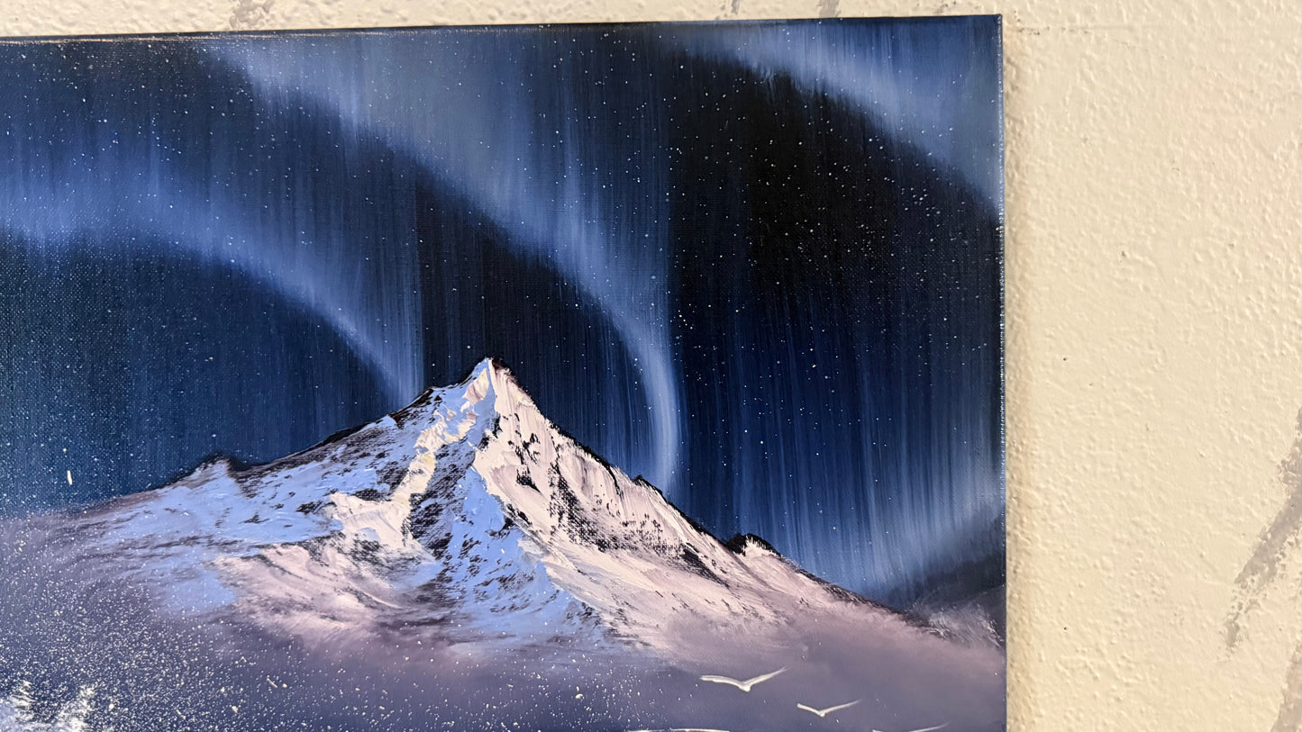 Painting #2380 - Aurora Mountain Seascape with Cross painted 4-7-26