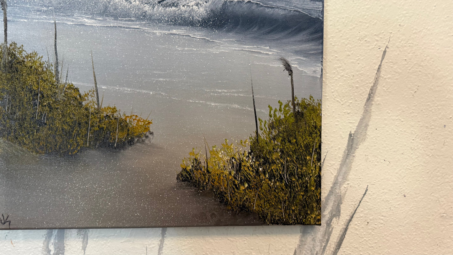 Painting #2321 - 16x20" Canvas - Crashing Wave Cattails Seascape painted 3-7-26