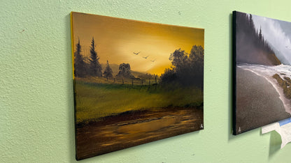 Painting #2076 - 16x20" Canvas - Midwest Sunset Farm painted 9-27-25