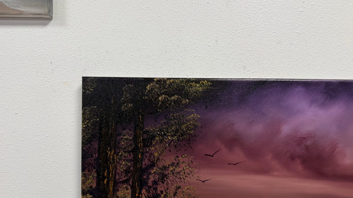 Painting #2657 - 18x24" Canvas - Sunset Lake Dock Landscape painted 10-19-26