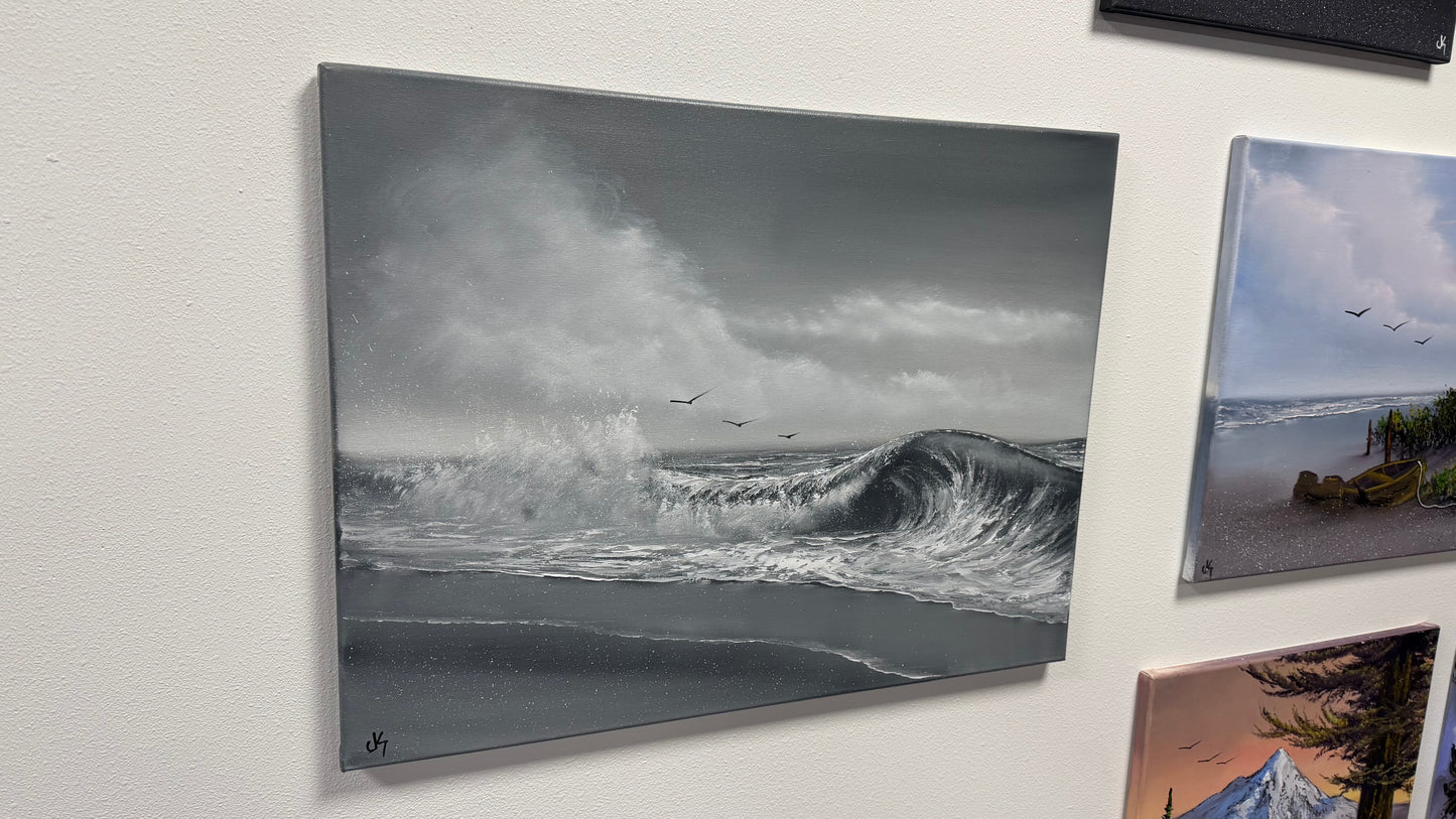 Painting #2523 - 18x24" Canvas - Black and White Seascape painted 7-23-26