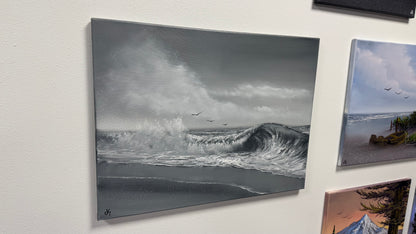 Painting #2523 - 18x24" Canvas - Black and White Seascape painted 7-23-26