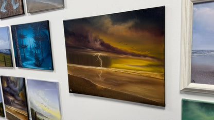 Painting #2597 - 22x28" Black Canvas - Dramatic Sunset Seascape painted 9-12-26