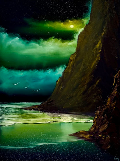 Painting #2581 - 18x24" Canvas - Night Tropical Seascape painted 9-4-26
