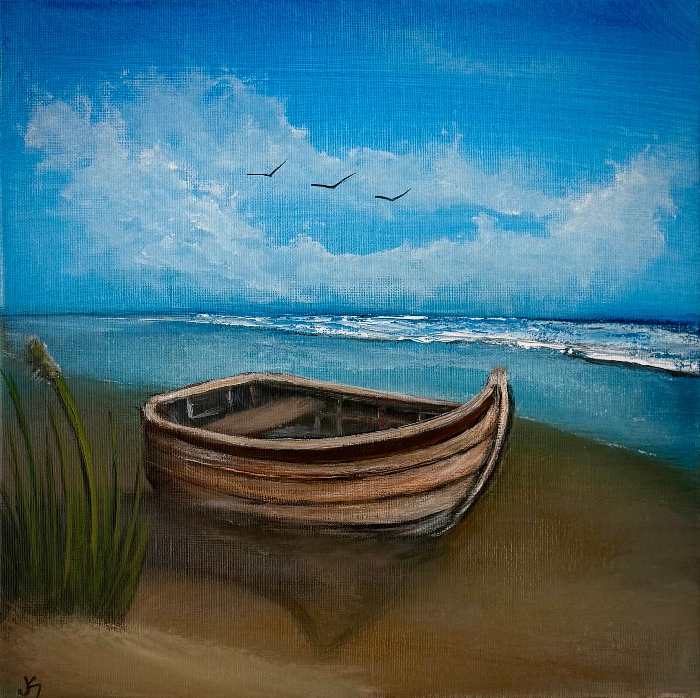Painting #2369 - 14x14" Canvas - Row Boat Seascape painted 4-1-26