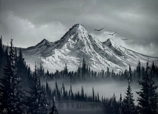 Painting #2532 - 18x24" Canvas - Black and White Mountain Landscape painted 7-27-26