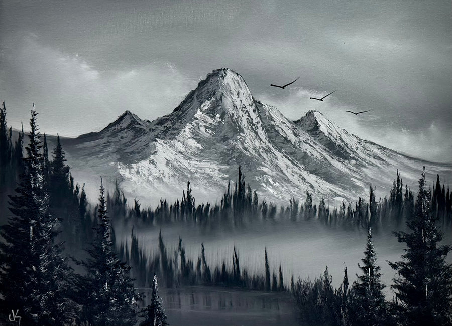 Painting #2532 - 18x24" Canvas - Black and White Mountain Landscape painted 7-27-26