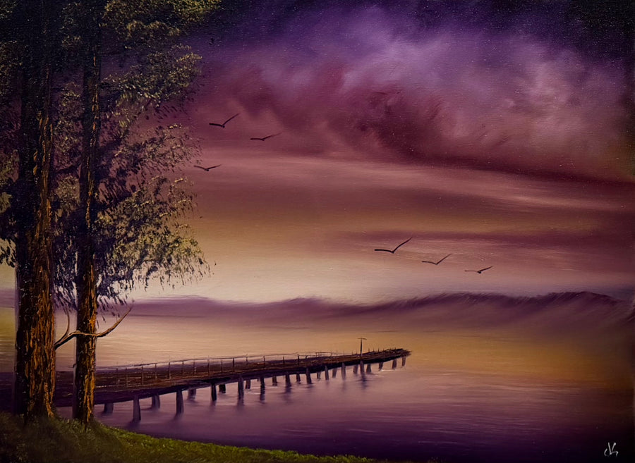 Painting #2657 - 18x24" Canvas - Sunset Lake Dock Landscape painted 10-19-26