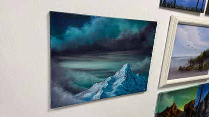 Painting #2599 - 18x24" Black Canvas - Dramatic Blue Mountain Landscape painted 9-13-26