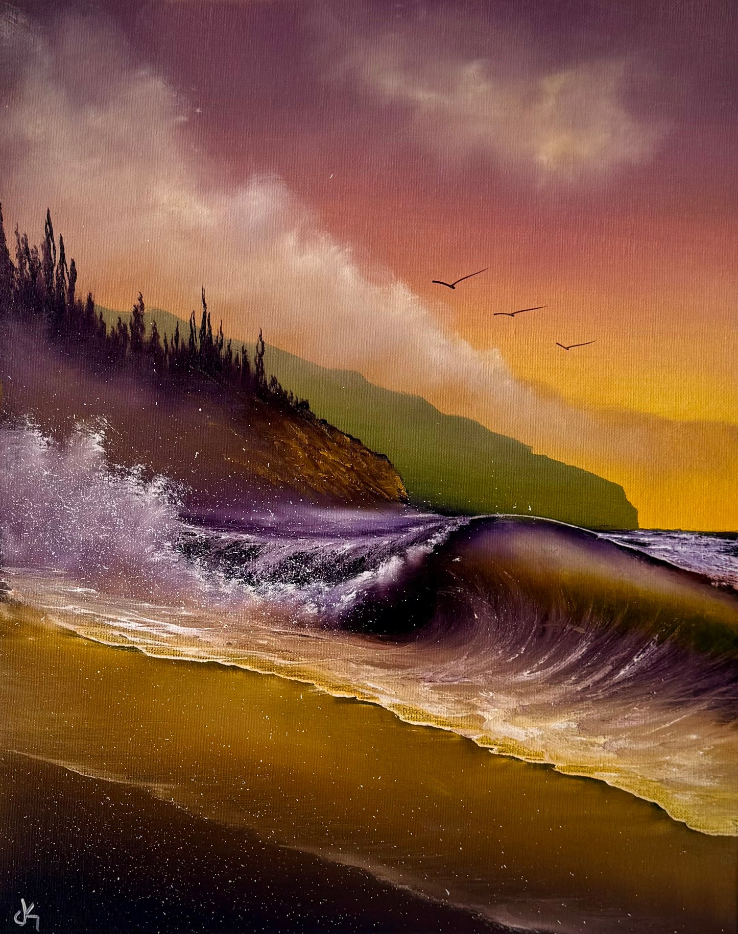Painting #2462 - 16x20" Canvas - Sunset Oregon Coast painted 5-28-26