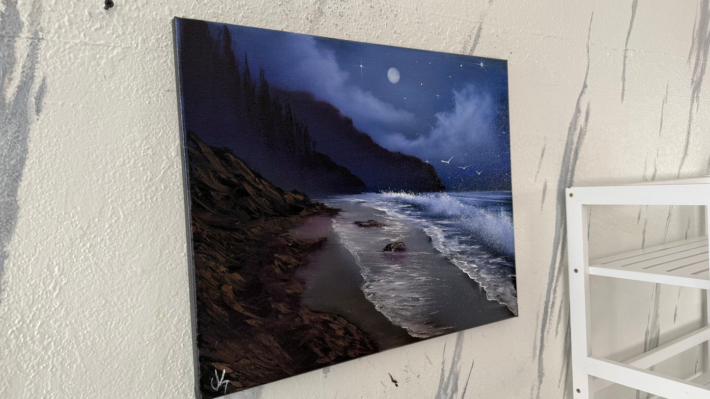 Painting #2100 - 16x20" Canvas - Night Rocky Seascape painted 10-13-25