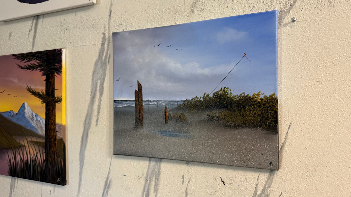 Painting #2419 - 16x20" Canvas - Kite Flying Seascape painted 4-30-26