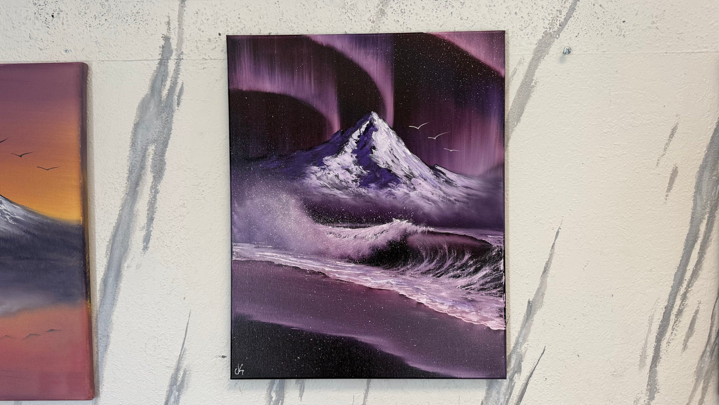 Painting #2256 - 16x20" Canvas - Aurora Mountain Seascape painted 1-25-26