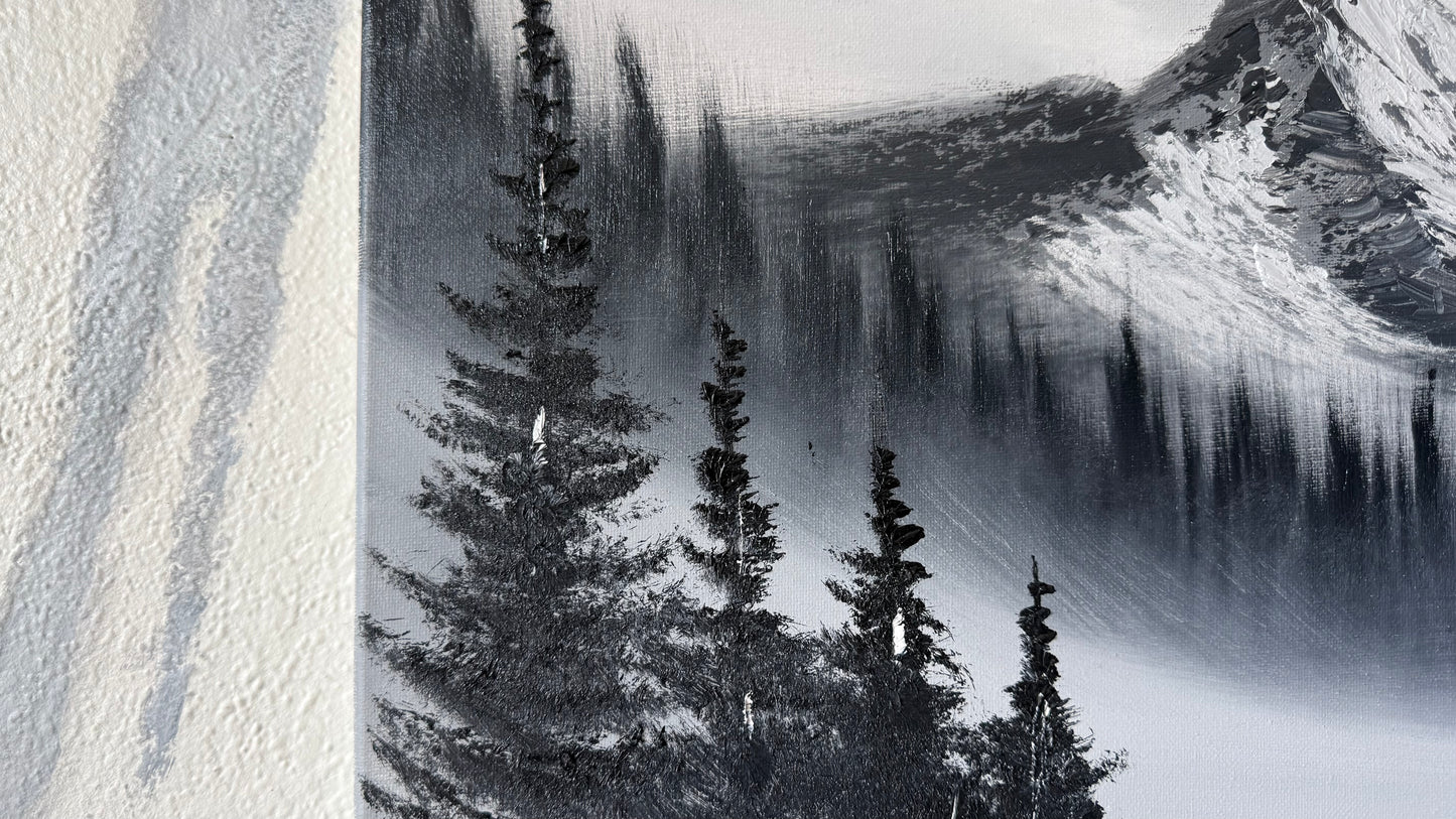 Painting #2432 - 16x20" Canvas - Black and White Mountain Landscape painted 5-8-26